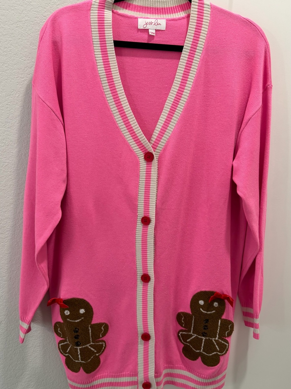 Jess Lea Christmas Holiday Hot Pink Gingerbread Button Cardigan Sweater S/M